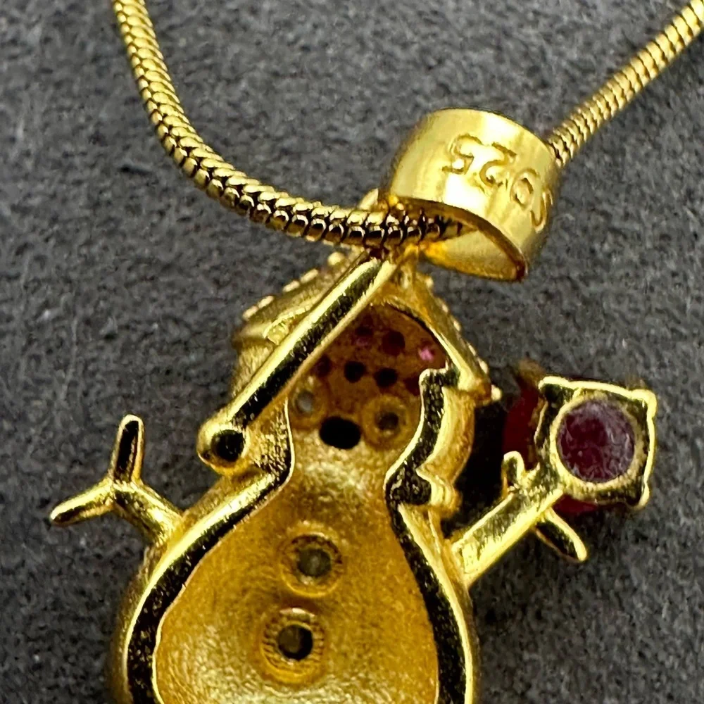 Adorable Gold and Rhodolite Snowman Pendant Necklace - Picture 5 of 11